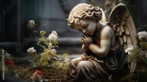  Stone cherub praying in graveyard Generate AI