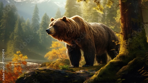 A majestic grizzly bear foraging for berries in a lush forest, its massive size and strength awe-inspiring