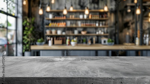 Empty concrete table top in front of a bar. Template showcase scene for advertising products. New Year, Christmas, Black Friday, Cyber Monday, Thanksgiving