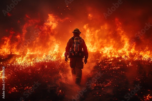 A firefighter battling an intense wildfire, surrounded by scorched earth and towering flames