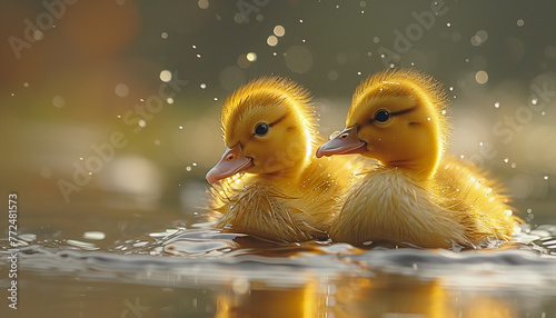 two ducklings on the water