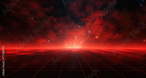 Red grid floor line on a glow neon night red grid background, arcade game, music poster, outer space, concert poster, rollerwave, technological design, shaped canvas, smokey cloud vaporwave background