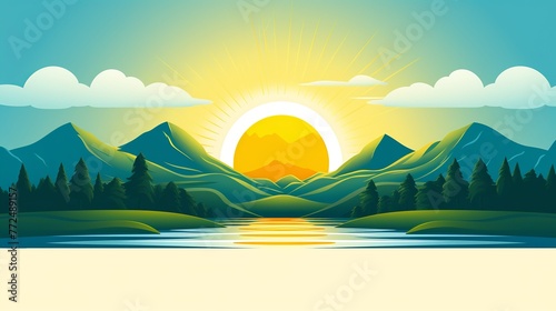 Green mountain logo and yellow sun, there is a blue river Generate AI