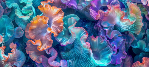 Top view texture of ruffled coral polyps swaying gently in an underwater current, forming a vibrant tapestry of colors and shapes on a coral reef