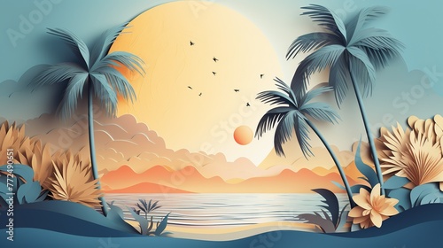 Wallpaper background of a blue sea and tree coconut logo and yellow sun , palette color , Generate AI