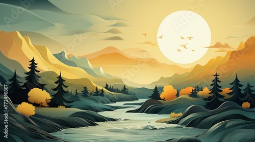 Wallpaper background of a green mountain logo and yellow sun, there is a blue river Generate AI