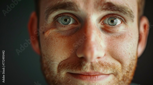 Close-up of a man's face with striking blue eyes. Perfect for various media projects