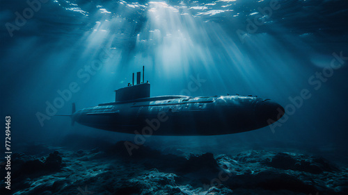 A combat submarine plunges into the ocean depths on a military mission, a play of light underwater. 