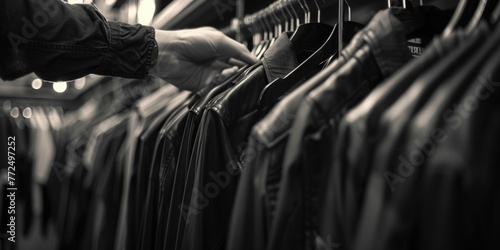 Person holding a rack of clothes in a store, useful for retail concepts