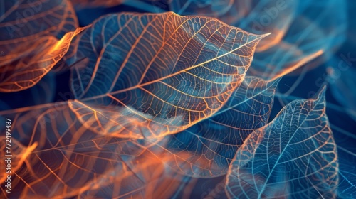 Detailed close-up of leaves with a glowing, fiery outline, contrasting against a dark, moody blue background.