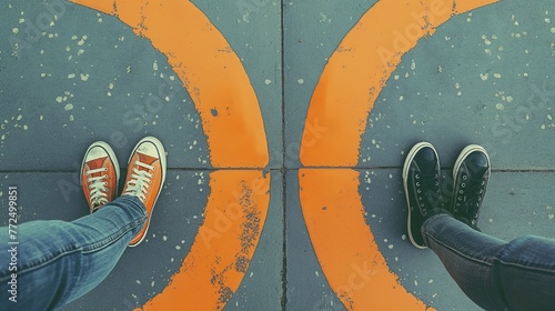 Personal space, boundary and social distancing concept illustration. Two people standing inside orange circles painted on the street.