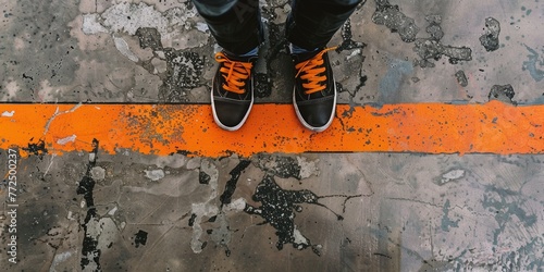 Person standing on the orange line, crossing a boundary 