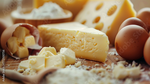 close-up shot of a variety of dairy products creamy textures of milk, butter, and cheese and cottage cheese and some eggs