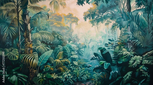 A mural of a lush forest scene in the middle of a city