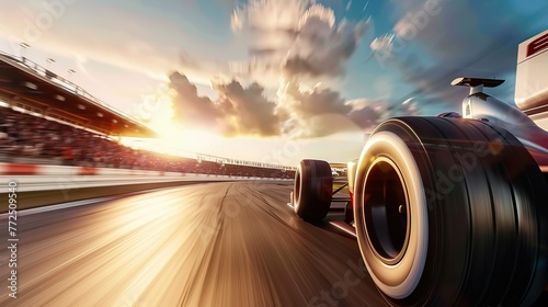 Racing car speeding on track at sunset