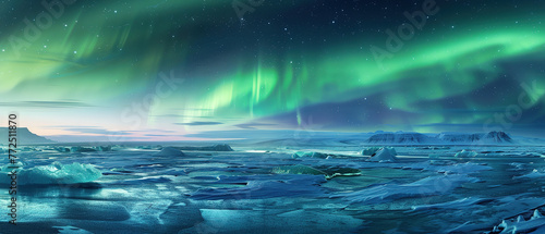A vast icy plain in Iceland, under the spellbinding dance of the Aurora Borealis