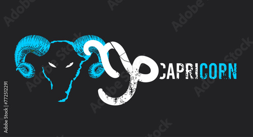 Capricorn. T-shirt design of a goat head with horns next to the Capricorn symbol on a black 