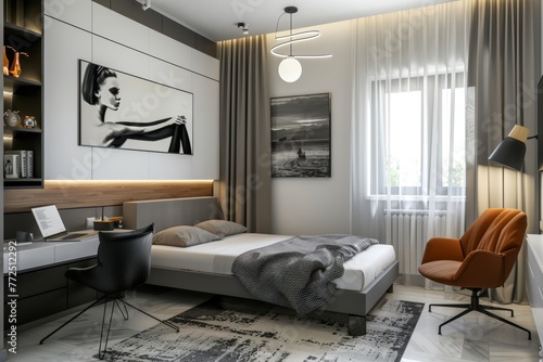 Modern stylish teenagers room interior with functional workplace and comfortable bed