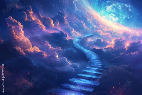 Stairway to the sky. astral travel, fantasy epic digital art and the journey to heaven