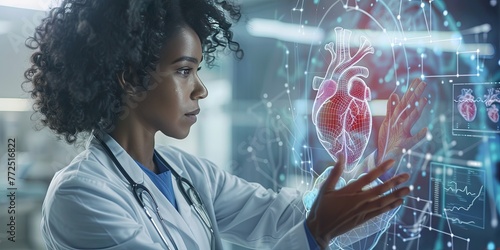 Cardiology and cardiologist - Woman doctor examining a wireframe hologram of a heart