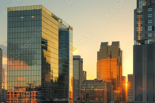 The sun is setting over a city skyline, casting a warm glow on the buildings