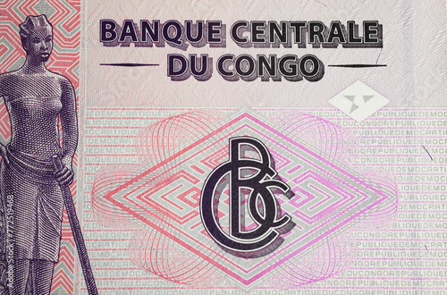 Logo lettering of Congo central bank on congolese franc currency banknote (focus on center)