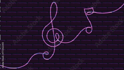 Neon Music. Line art. Music notes. Melody, classical music, sound design. Continuous Line Drawing. Vector Illustration. Night bright neon sign. Light banner. Musical pentagram sound waves notes. 