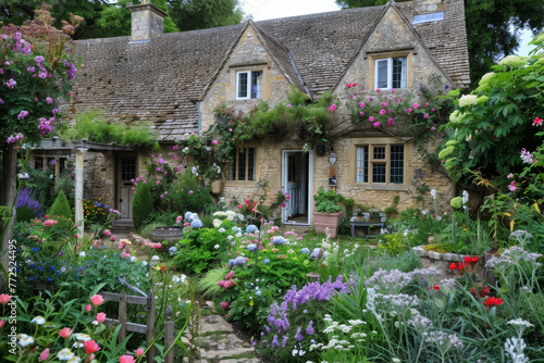 A large house with a garden full of flowers and plants