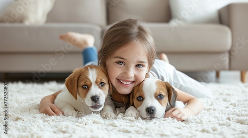 a little girl lies on a soft white carpet, her face beaming with happiness as she cuddles her adorable puppy in the cozy ambiance of a living room.