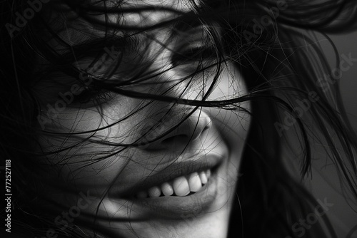 Minimalist close-up shot of a radiant woman's face framed by wisps of windblown hair, conveying pure happiness and serenity, monochrome
