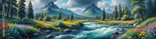 Drawing watercolor illustration lanscape of mountain valley with turbulent river and flowers along the river banks. Background for design. 
