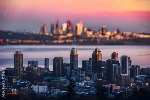 City skyline at sunset with glowing lights in blurred background