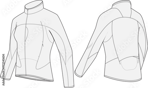 Women's sport jacket fashion illustration vector design template featuring anatomical panelling and ahoodless design with hidden zip closures and a slim fit.