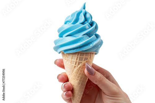 Female hand holding ice cream in waffle cone isolated on transparent background, clipart, cutout, png. Blue milk ice-cream.