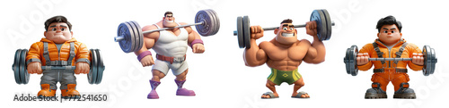 set of bodybuilder athlete cartoon characters, 3d illustration design, isolated on transparent background, generative ai