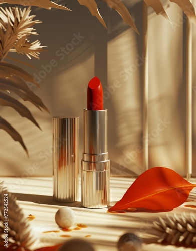 a red lipstick sitting on top of a table next to a vase of flowers and a white ball on the ground.