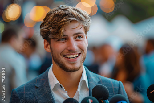 Young Caucasian male businessman being interviewed by a reporter.