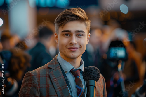 Young Caucasian male businessman being interviewed by a reporter.