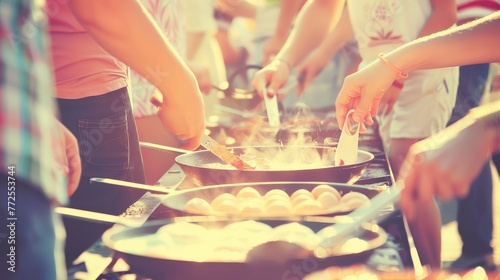 a group of people standing around a table with pans and frying pans on top of a grill.