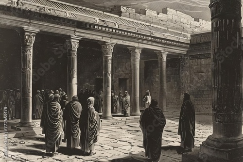 Jewish priests worshiping in ancient Jerusalem synagogue, religious historical illustration
