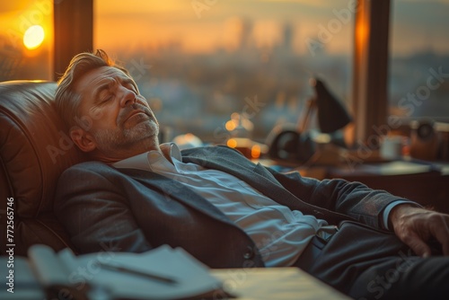 Tired manager in formal attire naps on office desk in daylight-filled office space.