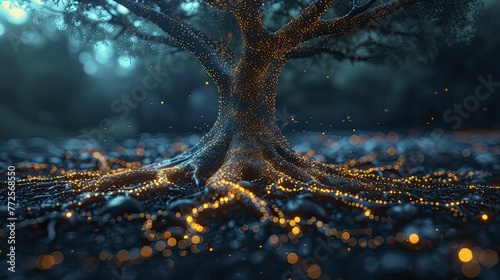 A tree's roots and branches symbolize natural business expansion within interconnected networks on an organic growth backdrop.