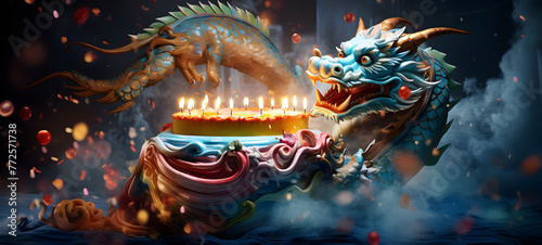 a Chinese jade dragon with a birthday cake, ai generative