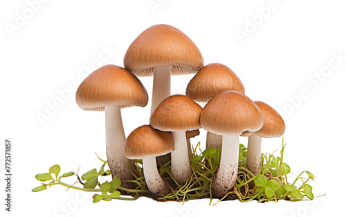 A group of mushrooms of various shapes and sizes sitting peacefully in the lush green grass