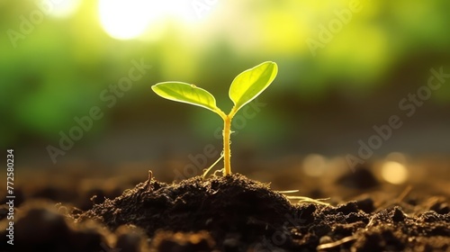 Earth Day concept. Green seedling grow in black dirt. Little plant sprout growing