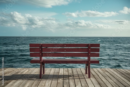 Wooden bench on pier against backdrop of sea, vacation spot