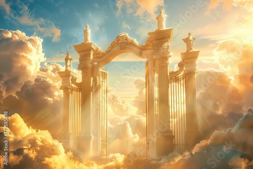 Majestic gateway to the Kingdom of God in the heavenly sky with ethereal clouds, spiritual illustration
