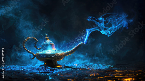 Genie's lamp - the fulfillment of three wishes. Magical glow effect