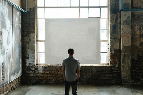 Man contemplating blank white poster in industrial loft interior, copy space for customization