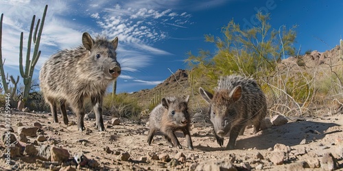 javelina peccary family herd in the southwest desert 